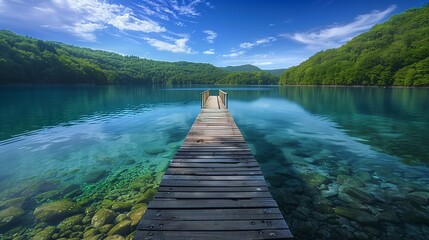 Obraz premium A wooden pier that leads to a turquoise lake with blue skies and white clouds, The side of the lake is leafy and has various green shades, and stones can be seen under the clear and calm surface.