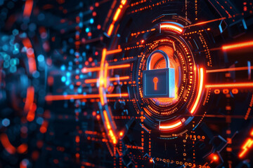 lock symbol on digital background with binary code and circuit board patterns. creating an atmosphere of security in data protection or cyber locks concept