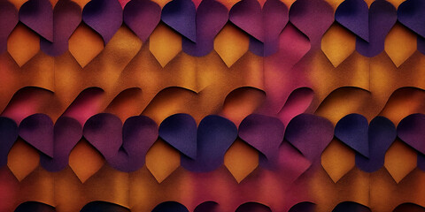 Lebendige Herzformen in violett und orange in einem kreativen, wellenartigen Muster