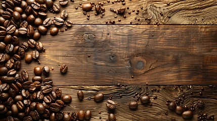An image of coffee beans scattered on a wooden background. The wood should have a natural grain and be aged to give it a rustic feel, with some areas showing signs of wear for depth. There is space