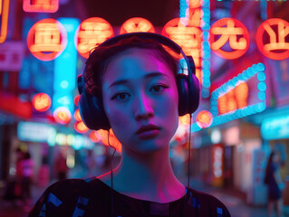 Obraz premium Fashionable young Asian woman listening to music with headphones on night city street with neon lights