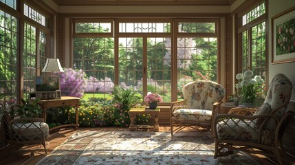 A sunroom with a charming country cottage feel, featuring wooden furniture, floral patterns, and large windows overlooking a blooming garden