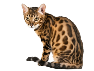 Full body shot of Bengal cat, sitting,  looking around curiously.