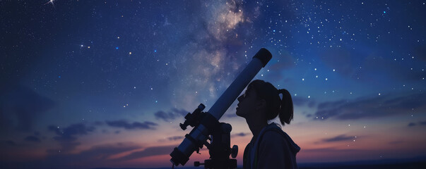 An astronomer gazing up at the night sky through a telescope, marveling at the beauty of the stars.