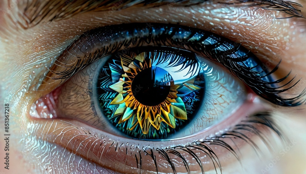 Poster an artistic close-up photograph of a human eye featuring an intricate and colorful iris design. the 