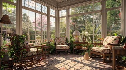 Fototapeta premium A sunroom with a charming country cottage feel, featuring wooden furniture, floral patterns, and large windows overlooking a blooming garden