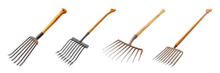Set of Four Different Garden Rakes with Wooden Handles Isolated on Black Background