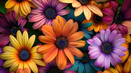 A vibrant display of colorful flowers in full bloom, showcasing a variety of vivid and striking petals creating a beautiful floral scene.