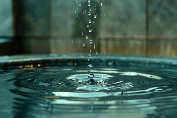 transparent water surface with ripples and patterns of circles with live shot of drop falling on clear water
