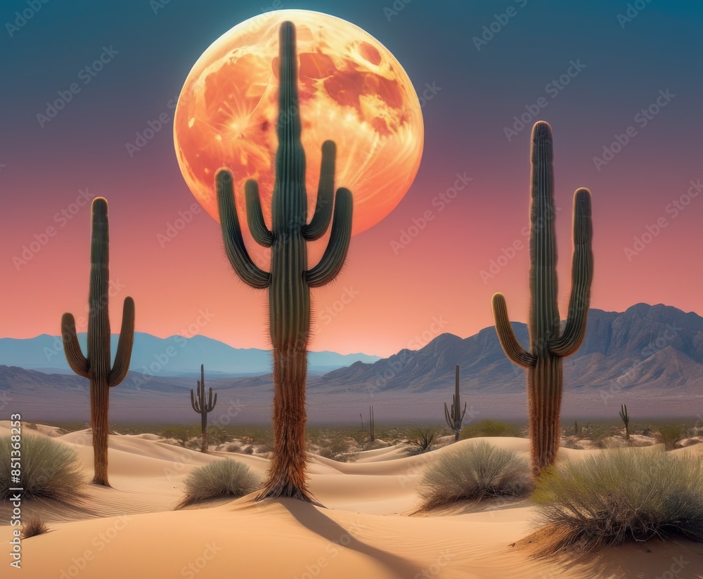 Poster tall cacti silhouetted against a colorful sunset with a large full moon rising in the sky, set in a 