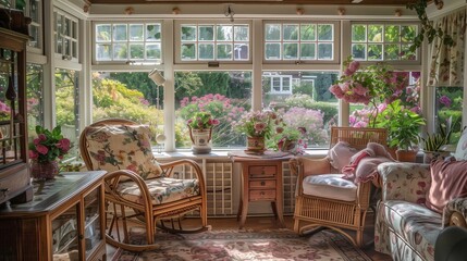 Fototapeta premium A sunroom with a charming country cottage feel, featuring wooden furniture, floral patterns, and large windows overlooking a blooming garden