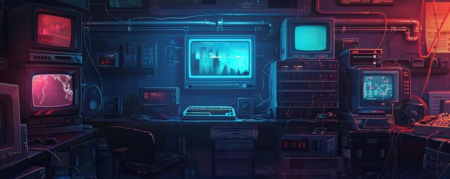 Futuristic cyberpunk-themed workstation with multiple monitors, vintage computers, and neon lighting, evoking a retro tech vibe.