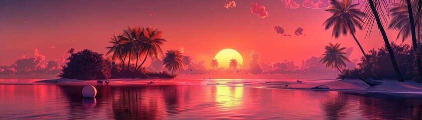Serene tropical sunset with vibrant colors, palm trees, calm ocean, and a stunning sky creating a peaceful, idyllic paradise setting.