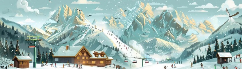 Scenic winter mountain landscape with snow-covered peaks, ski slopes, and cozy cabins, perfect for a snowy adventure.