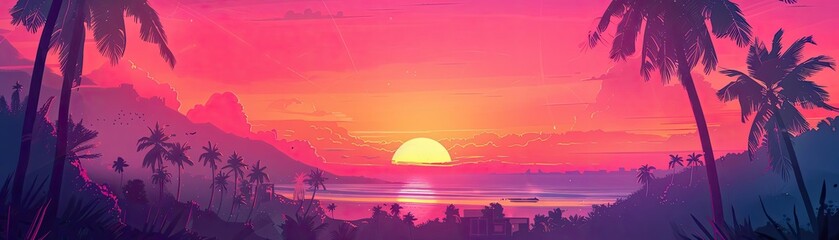 Fototapeta premium Stunning tropical sunset over a serene beach with palm trees and vibrant colors, perfect for travel and vacation imagery.