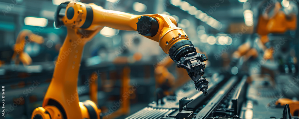Poster a robot arm assembling a complex piece of machinery, its movements precise and efficient.