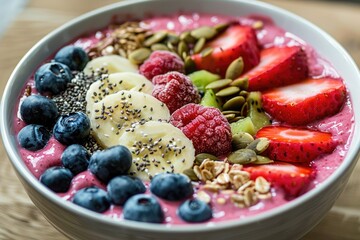 A smoothie bowl topped with fruits, nuts, and seeds