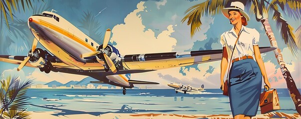 Vintage poster of a woman with suitcase near an airplane on a tropical beach, evoking classic travel and adventure themes.