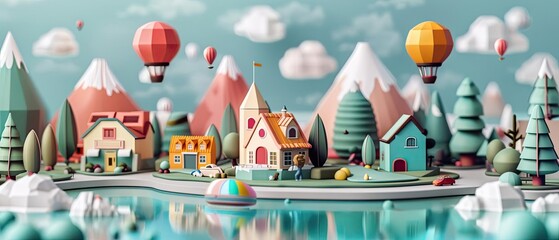 Whimsical miniature village scene with colorful houses, hot air balloons, and mountains, captured in a vibrant and charming illustration.