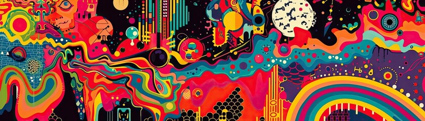 Vivid psychedelic abstract artwork with colorful patterns and shapes, capturing a visually striking and energetic aesthetic for creative use.