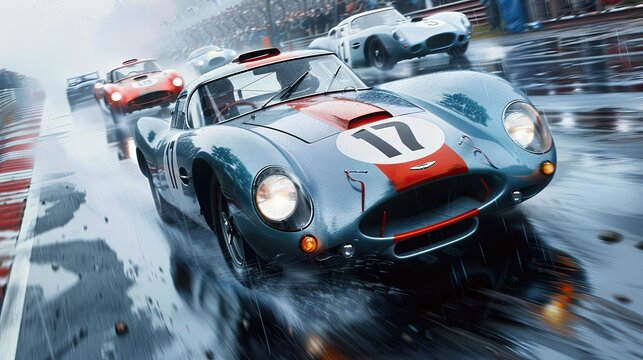 Vintage racing car speeding through a wet race track during a thrilling motorsport event, showcasing intense action and classic automotive design.