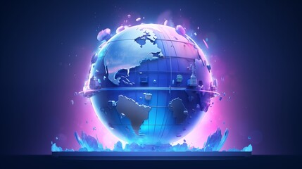 Digital Representation of Earth with Glowing Continents and Neon Hues in Shades of Blue and Purple