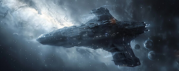 Fototapeta premium A sleek starship hurtles through the void of space, its destination a distant world on the edge of the galaxy.