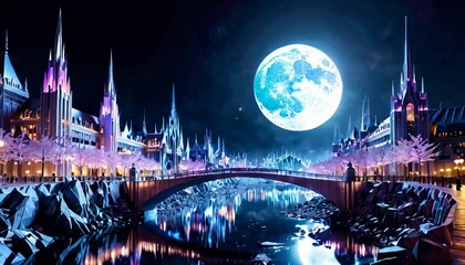 Obraz premium A stunning night cityscape is illuminated by vibrant lights and a large full moon, with a picturesque bridge spanning a serene river, creating a captivating and magical atmosphere.. AI Generation