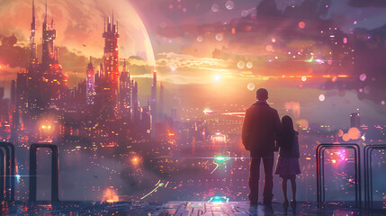 In the Heart of the City A Father and His Child Explore the Majestic Colorful Skyscrapers and Bustling Streets of a Thriving Urban Environment
