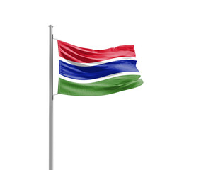 The Gambia flag wavering in front of scenic view of modern skyline.