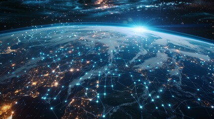 Global connection internet satellite web data network 5G telecommunications world space low orbit regional geopolitics technology infrastructure hyper realistic 