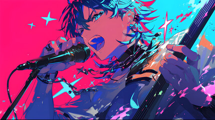 cool anime guy rockstar a super star singing concert