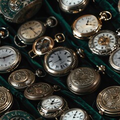 Antique pocket watch collection displayed on a velvet cloth, each piece showcasing intricate engravings and vintage craftsmanship, ideal for collectors