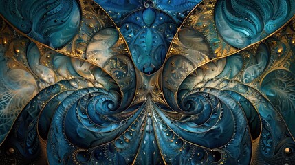 Abstract fractal art with intricate blue and gold swirling patterns