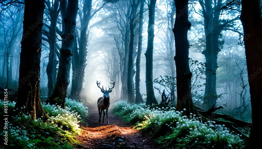 Poster a lone deer stands majestically on a mystical forest path, surrounded by ethereal light and towering