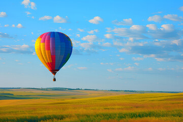 Fototapeta premium Multicolored hot air balloon landing in grassy field , success trophy casting a shadow on a stone countertop , Beautiful colors of the hot air balloons flying on the cosmos flower