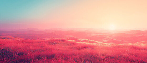Obraz premium Stunning Sunset Over Rolling Hills with Vibrant Pink and Orange Sky in a Serene Landscape, blurred noise and grainy texture