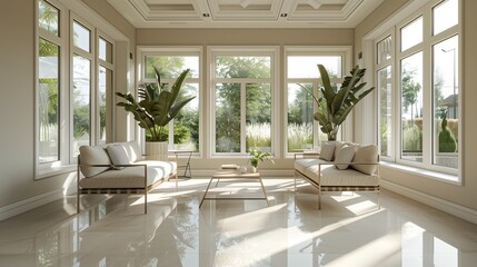 Fototapeta premium A sunroom with a clean, minimalist design, featuring simple furniture, neutral colors, and large windows allowing an abundance of natural light