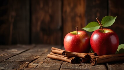 Cinnamon sticks and ripe apples on a wooden background, rustic and earthy apple cinnamon setting background.