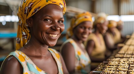 Smiling workers in a cooperative factory packing fair trade chocolate bars for international distribution