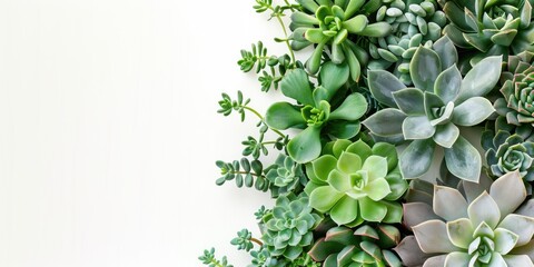 Succulent Top View Collage on White Background. Banner Design with Various Leafage and Flocked Leaves