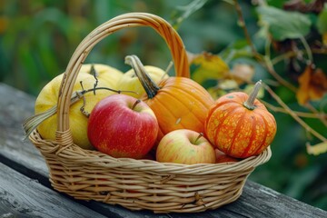 Apples And Pumpkins. Fresh Harvest in Basket on Wooden Table in Autumn Day