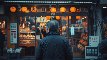 Obraz premium A man stands in front of a vibrant food stall decorated with illuminated lanterns on a bustling evening market street