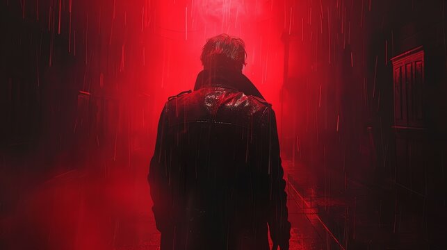 A mysterious individual in a dimly lit alley under red light, creating a suspenseful and dramatic atmosphere, perfect for a thriller setting.
