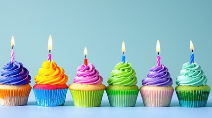 Birthday Cupcakes with Colourful Candles for Celebration and Party