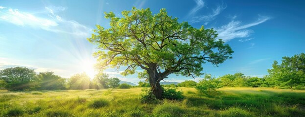 A beautiful tree with lush green leaves stands in the center of an idyllic meadow, illuminated by sunlight filtering through its branches