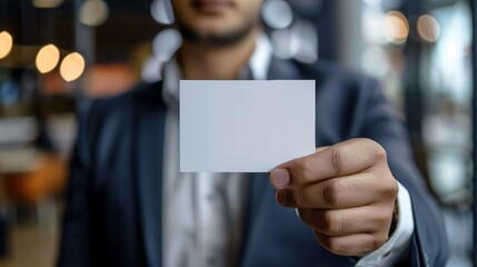 Close-Up of Businessman's Hand Holding Blank Card Mockup