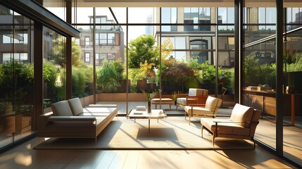 A sunroom with a contemporary aesthetic, featuring sleek furniture, glass walls, and a view of the rooftop garden through ceiling windows