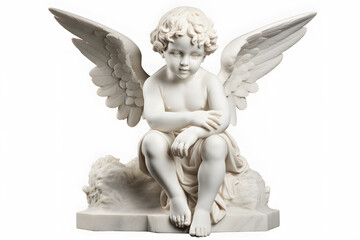 White marble statue of sitting cherub, isolated on white background