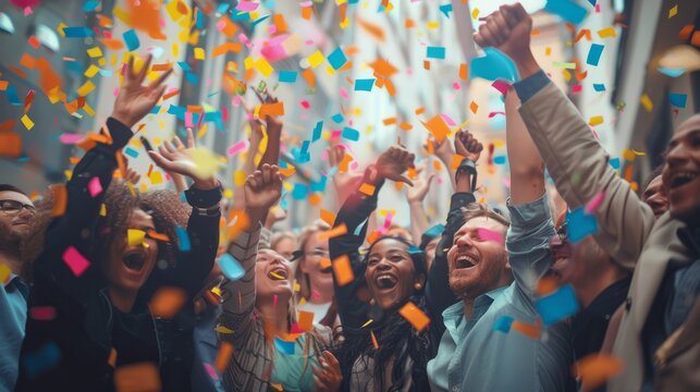 Happy diverse employees team celebrating success business achievement among confetti. ai generative hyper realistic 